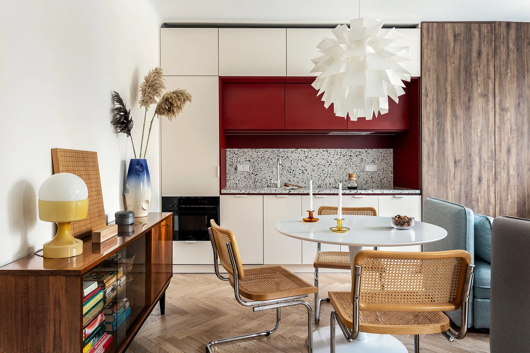 Dining table picture with kitchen in the background